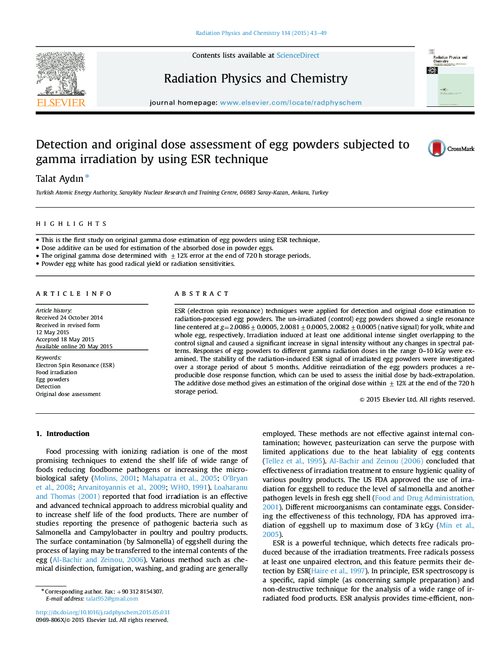 Detection and original dose assessment of egg powders subjected to gamma irradiation by using ESR technique