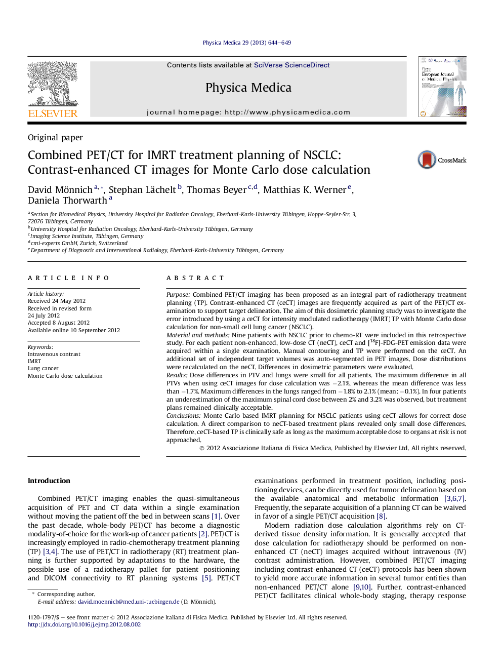 Combined PET/CT for IMRT treatment planning of NSCLC: Contrast-enhanced CT images for Monte Carlo dose calculation