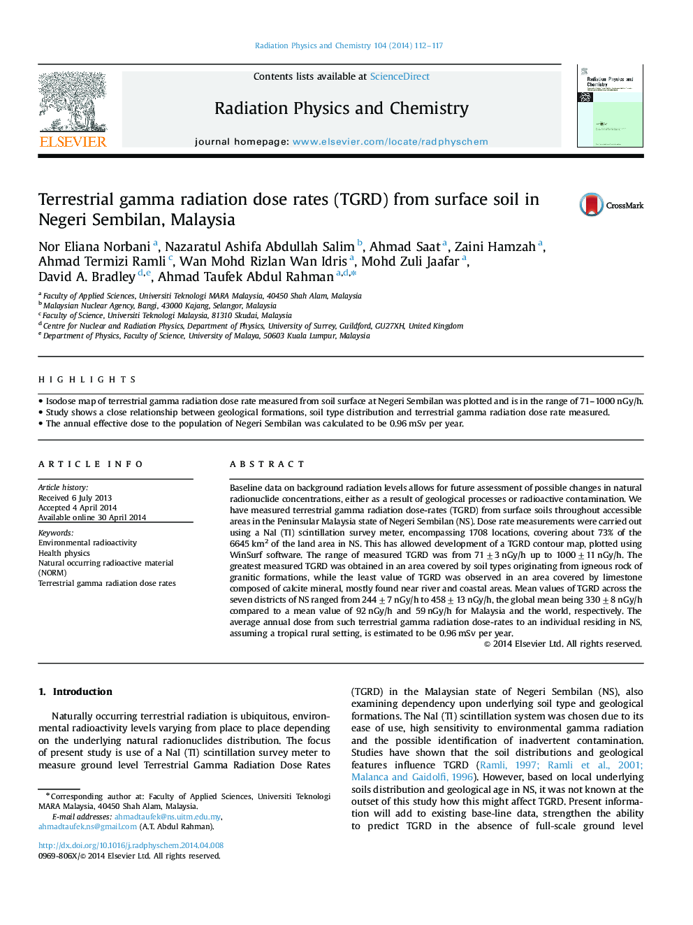عکس صفحه اول مقاله: Terrestrial gamma radiation dose rates (TGRD) from surface soil in Negeri Sembilan, Malaysia Terrestrial gamma radiation dose rates (TGRD) from surface soil in Negeri Sembilan, Malaysia