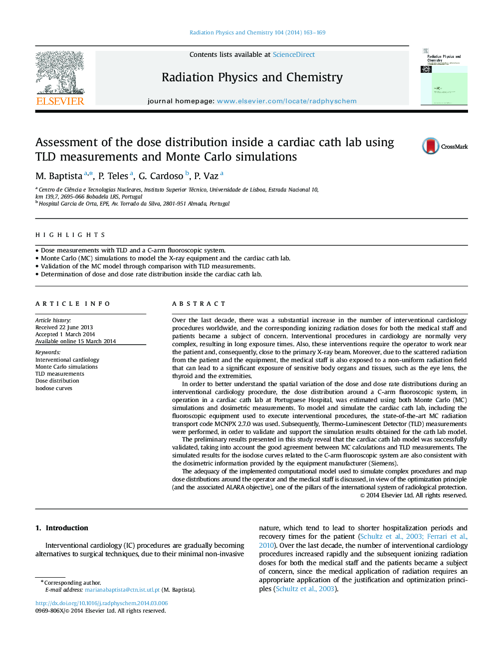 Assessment of the dose distribution inside a cardiac cath lab using TLD measurements and Monte Carlo simulations