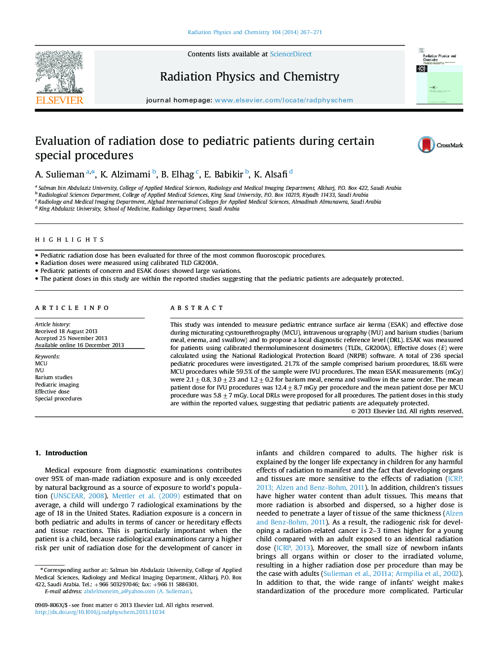 Evaluation of radiation dose to pediatric patients during certain special procedures