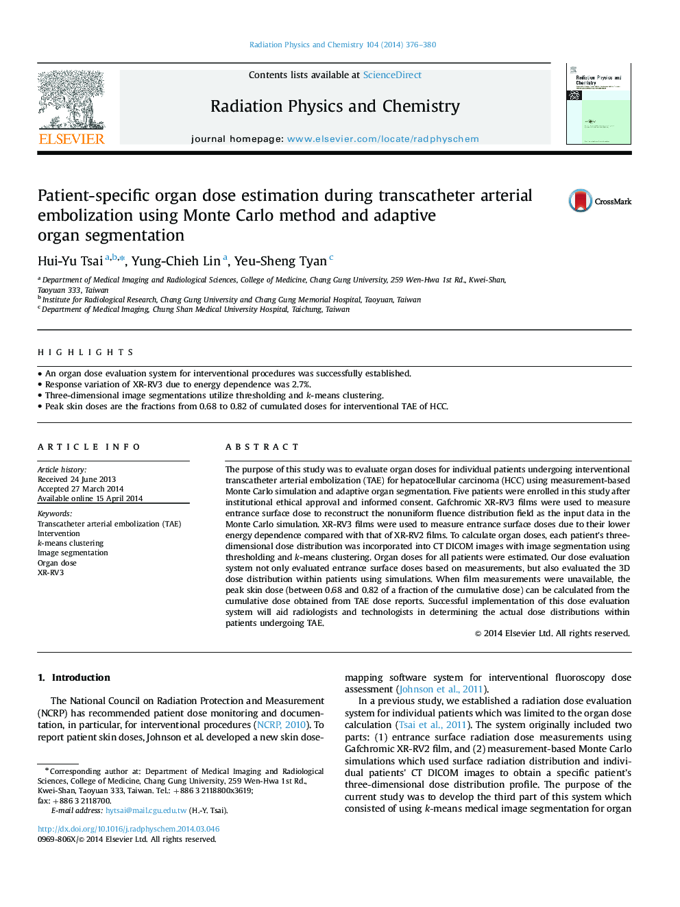 Patient-specific organ dose estimation during transcatheter arterial embolization using Monte Carlo method and adaptive organ segmentation