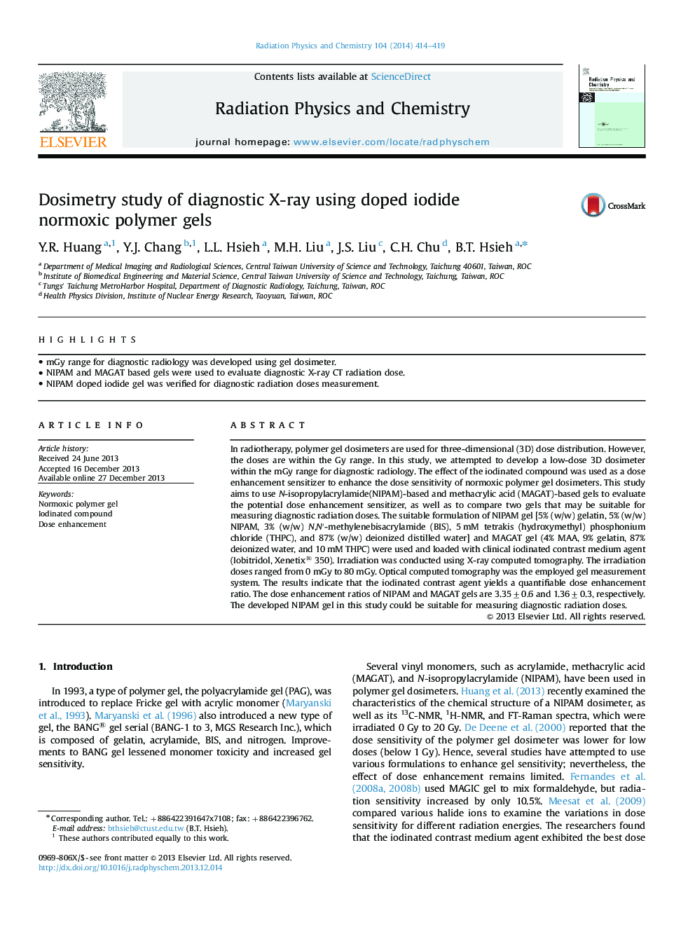 Dosimetry study of diagnostic X-ray using doped iodide normoxic polymer gels