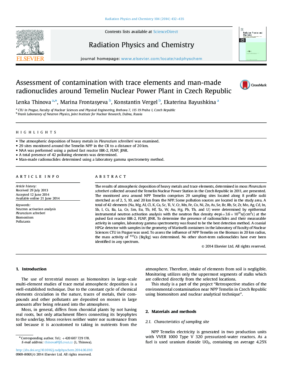 Assessment of contamination with trace elements and man-made radionuclides around Temelin Nuclear Power Plant in Czech Republic