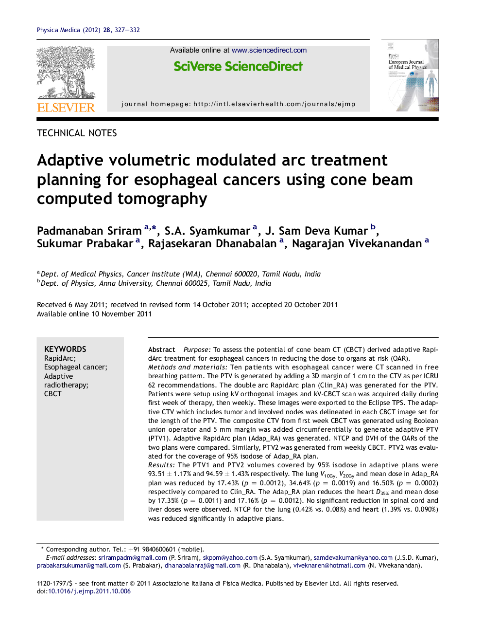 Adaptive volumetric modulated arc treatment planning for esophageal cancers using cone beam computed tomography