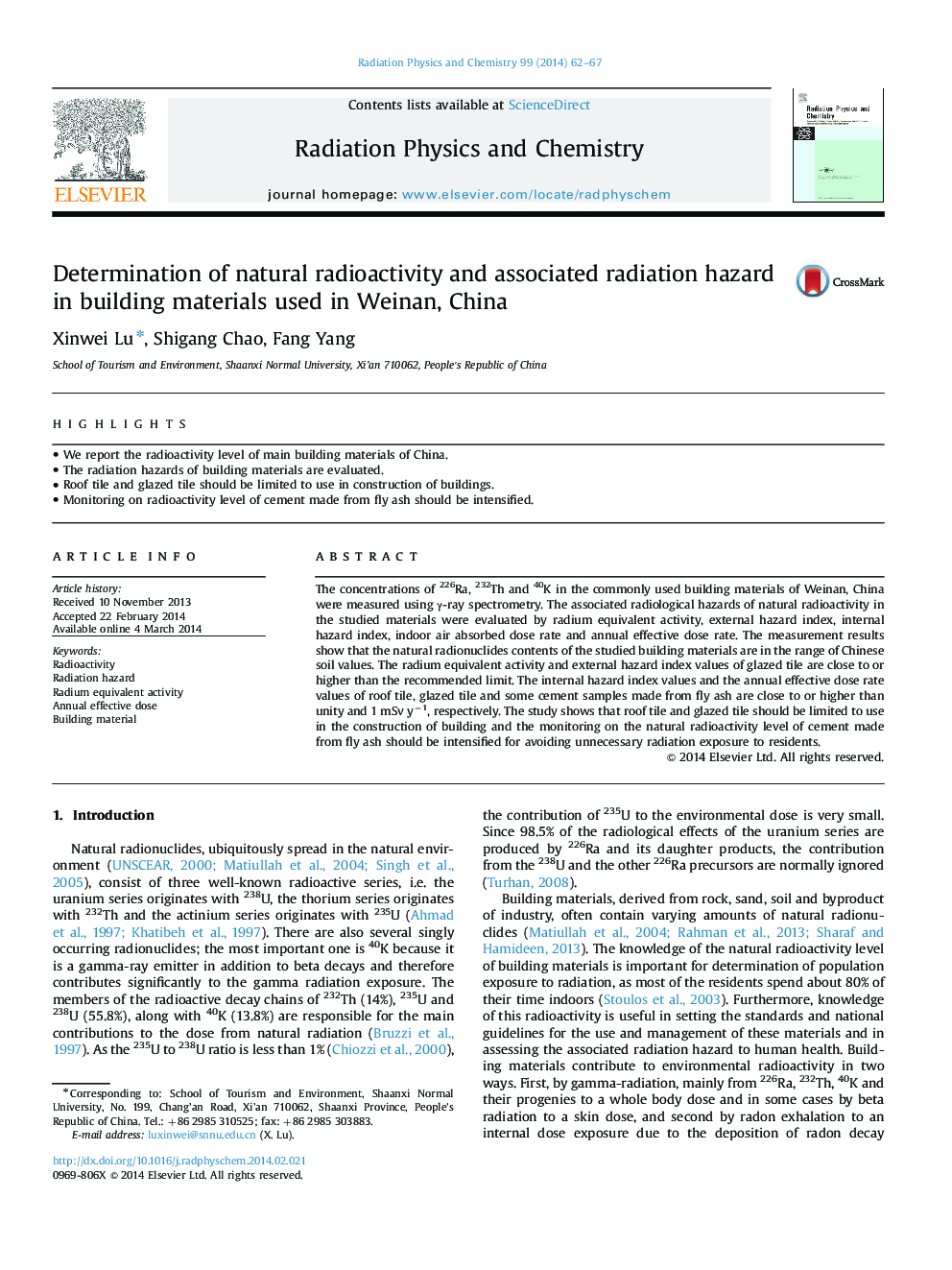 Determination of natural radioactivity and associated radiation hazard in building materials used in Weinan, China