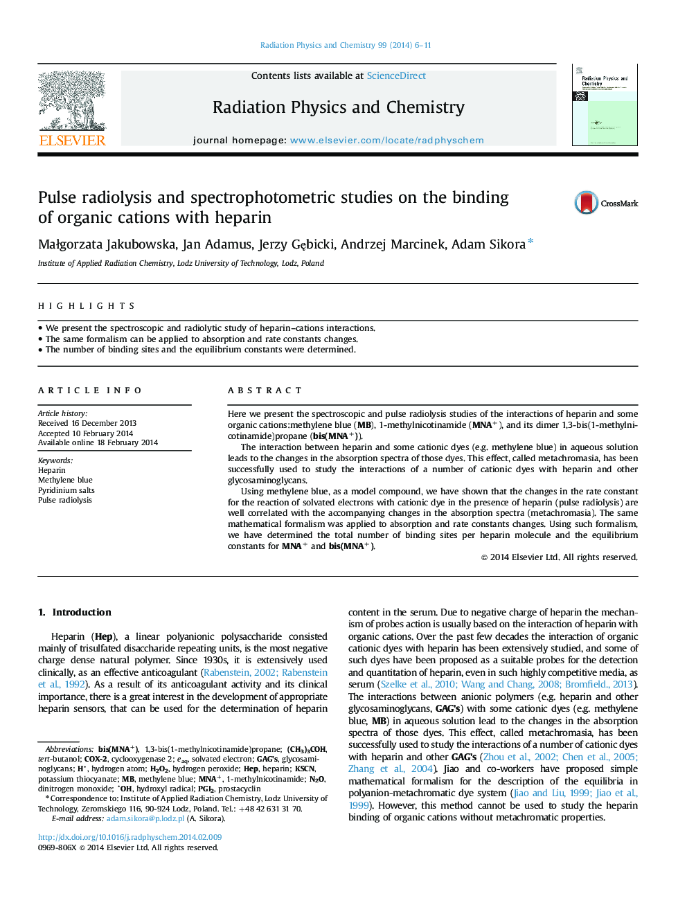 Pulse radiolysis and spectrophotometric studies on the binding of organic cations with heparin