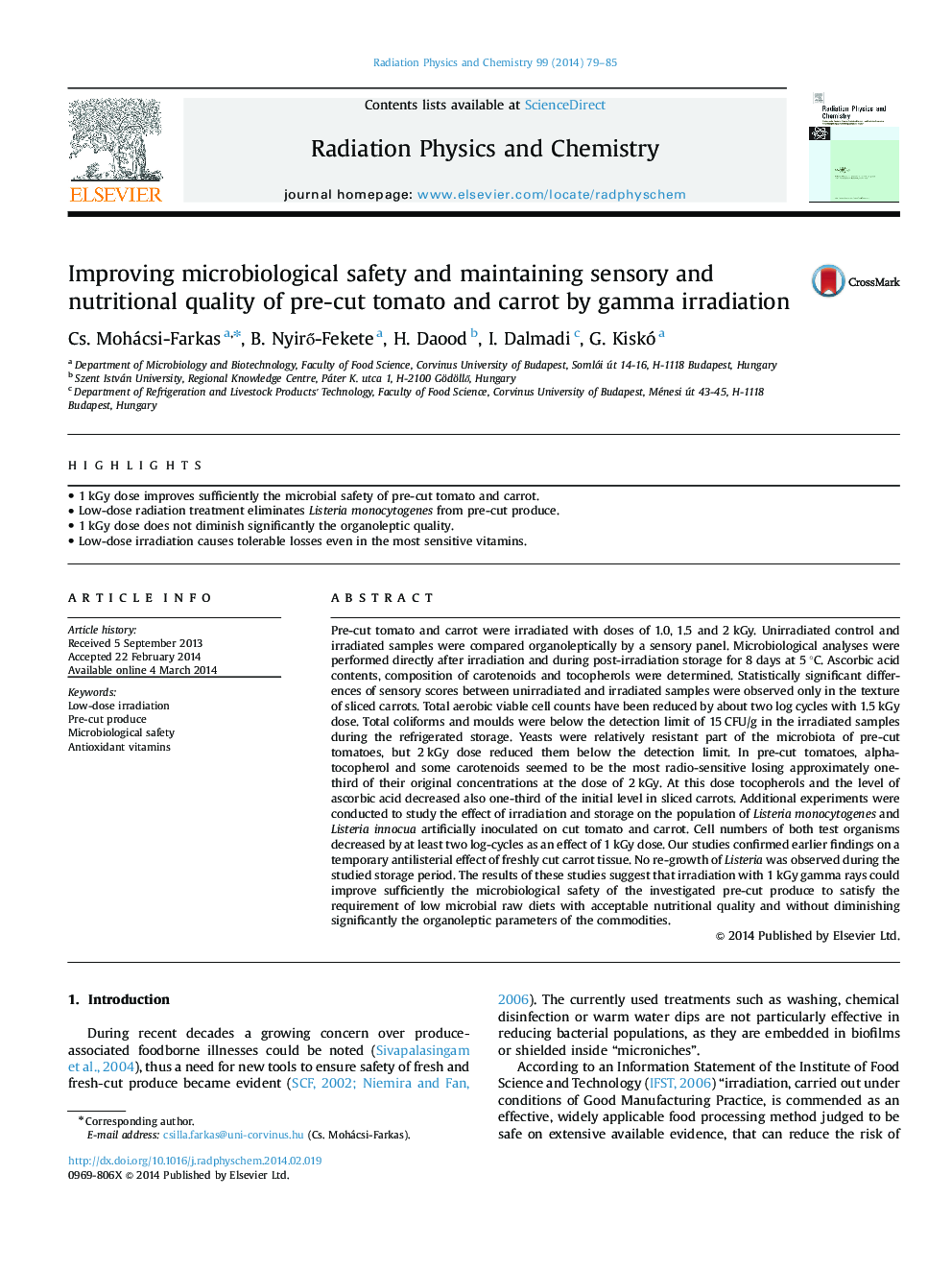 Improving microbiological safety and maintaining sensory and nutritional quality of pre-cut tomato and carrot by gamma irradiation