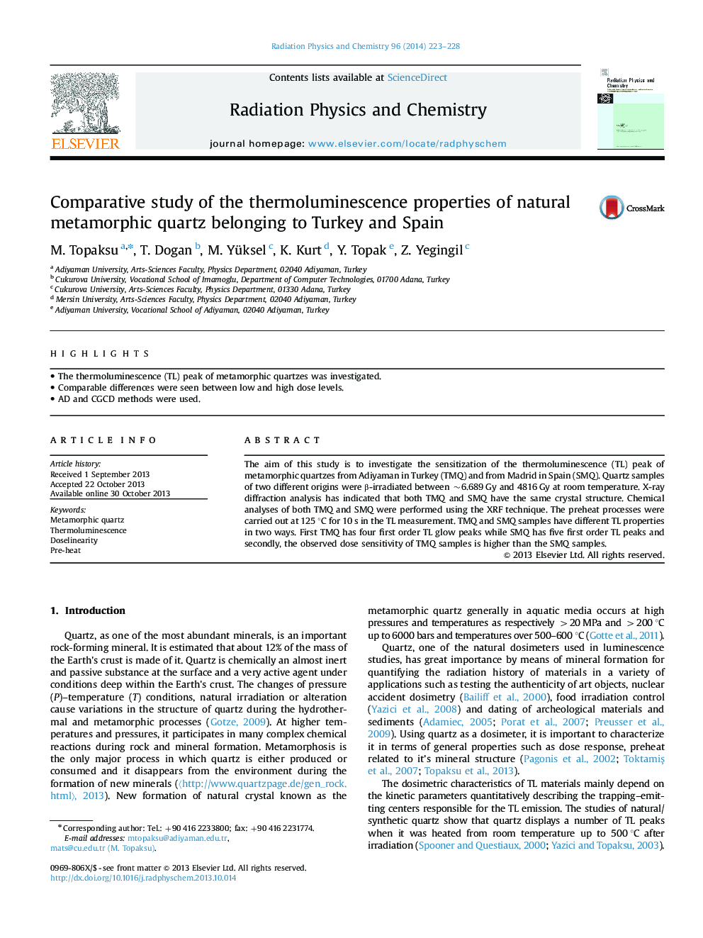 Comparative study of the thermoluminescence properties of natural metamorphic quartz belonging to Turkey and Spain