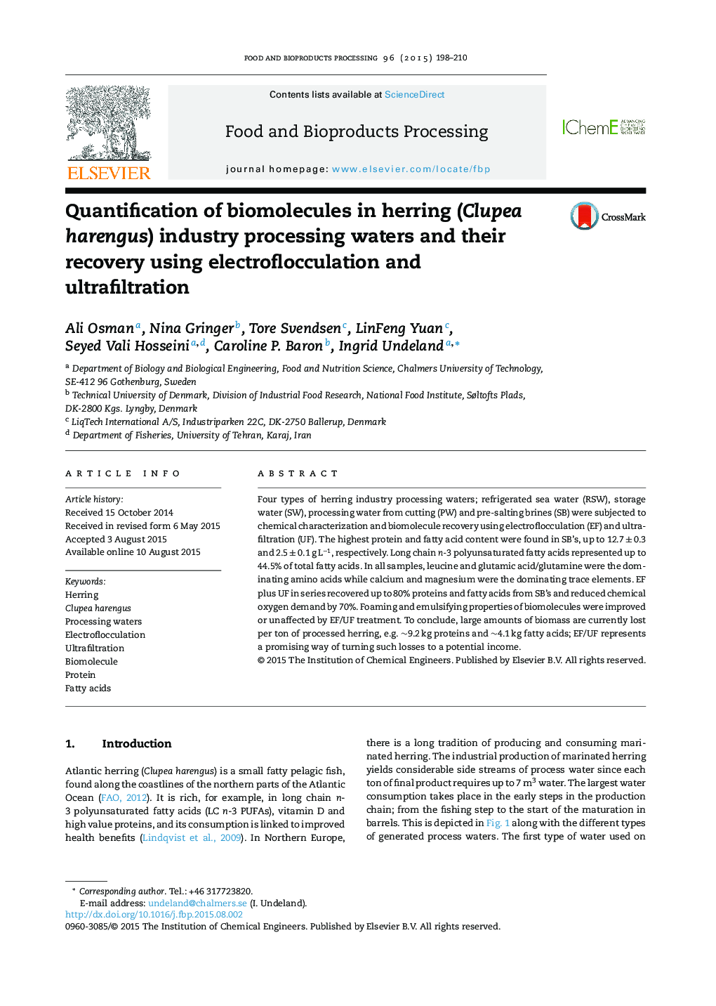 Quantification of biomolecules in herring (Clupea harengus) industry processing waters and their recovery using electroflocculation and ultrafiltration