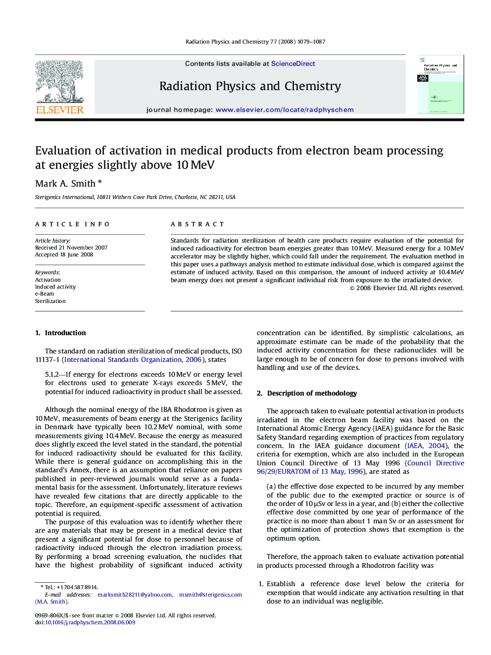 Evaluation of activation in medical products from electron beam processing at energies slightly above 10 MeV