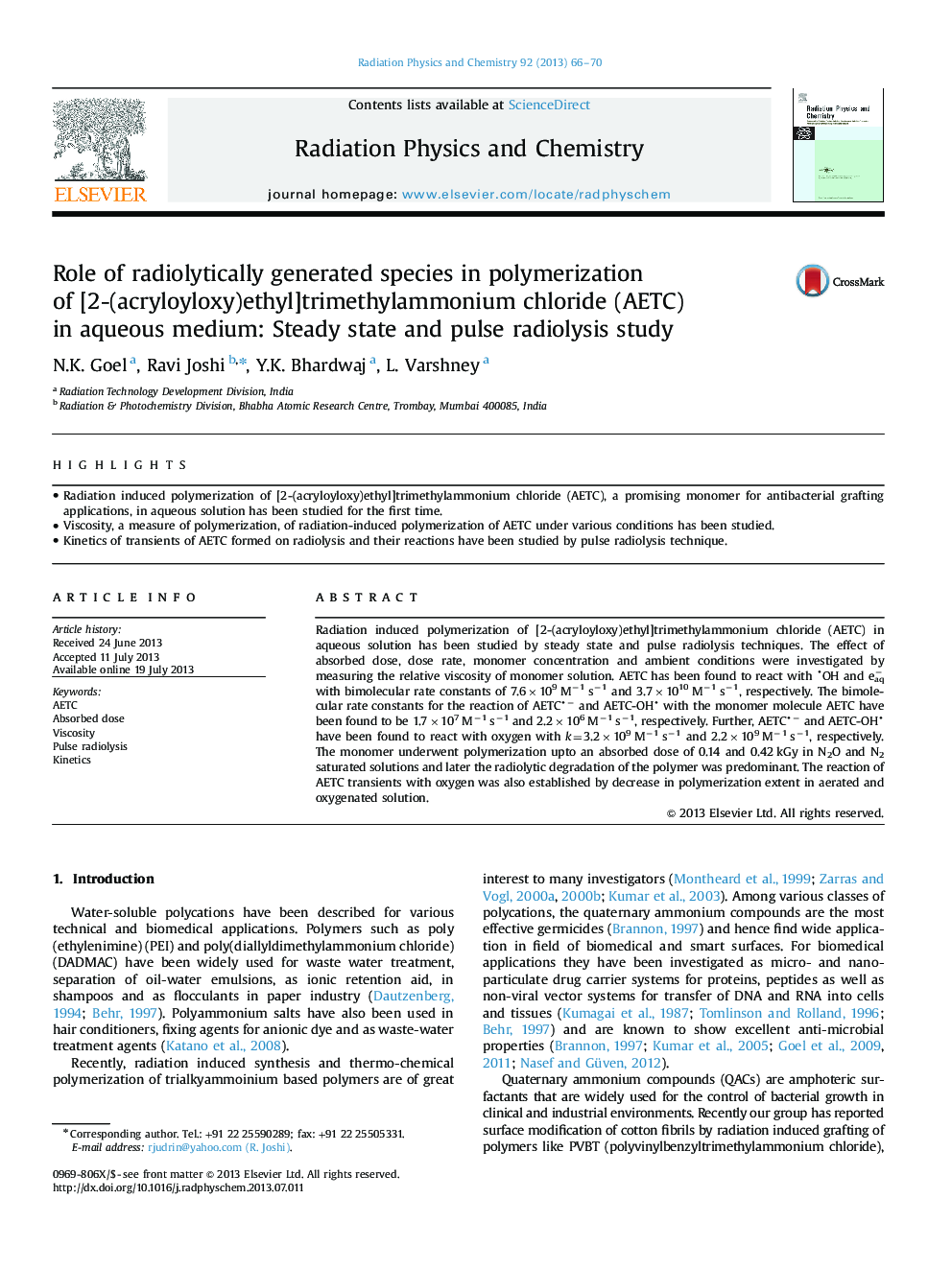 Role of radiolytically generated species in polymerization of [2-(acryloyloxy)ethyl]trimethylammonium chloride (AETC) in aqueous medium: Steady state and pulse radiolysis study