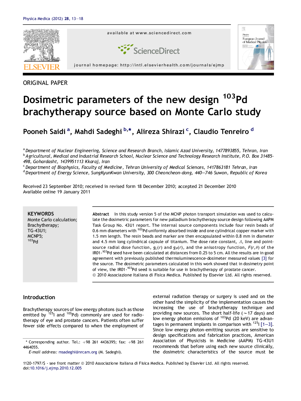 Dosimetric parameters of the new design 103Pd brachytherapy source based on Monte Carlo study