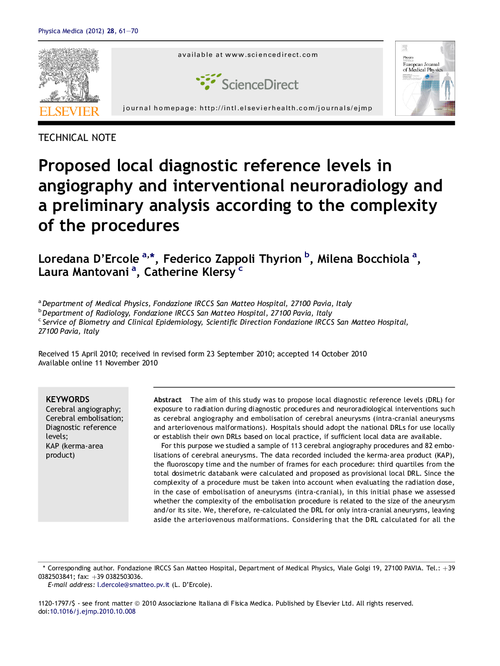 Proposed local diagnostic reference levels in angiography and interventional neuroradiology and a preliminary analysis according to the complexity of the procedures