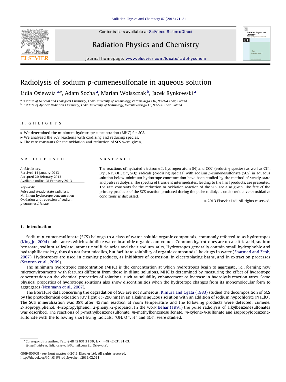 Radiolysis of sodium p-cumenesulfonate in aqueous solution