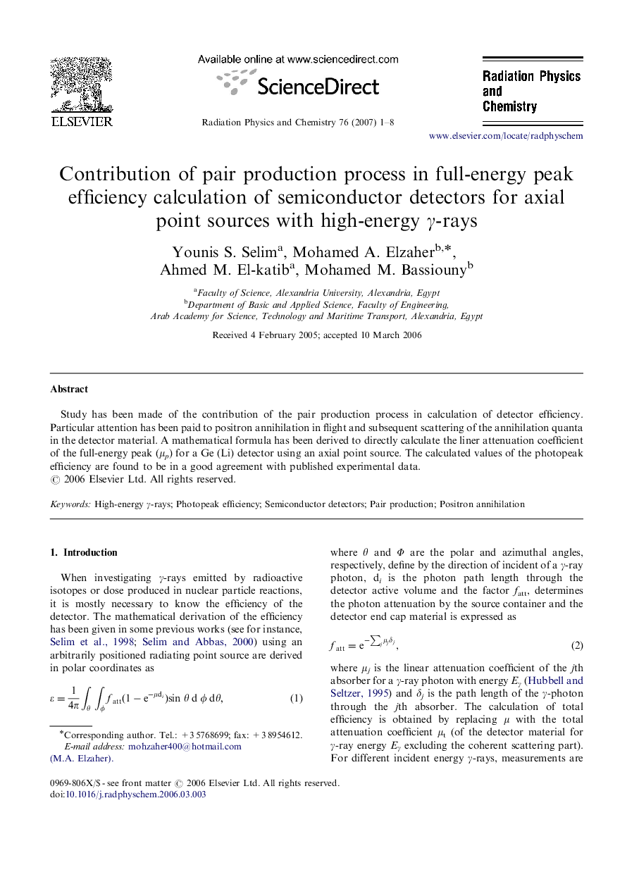 Contribution of pair production process in full-energy peak efficiency calculation of semiconductor detectors for axial point sources with high-energy Î³-rays