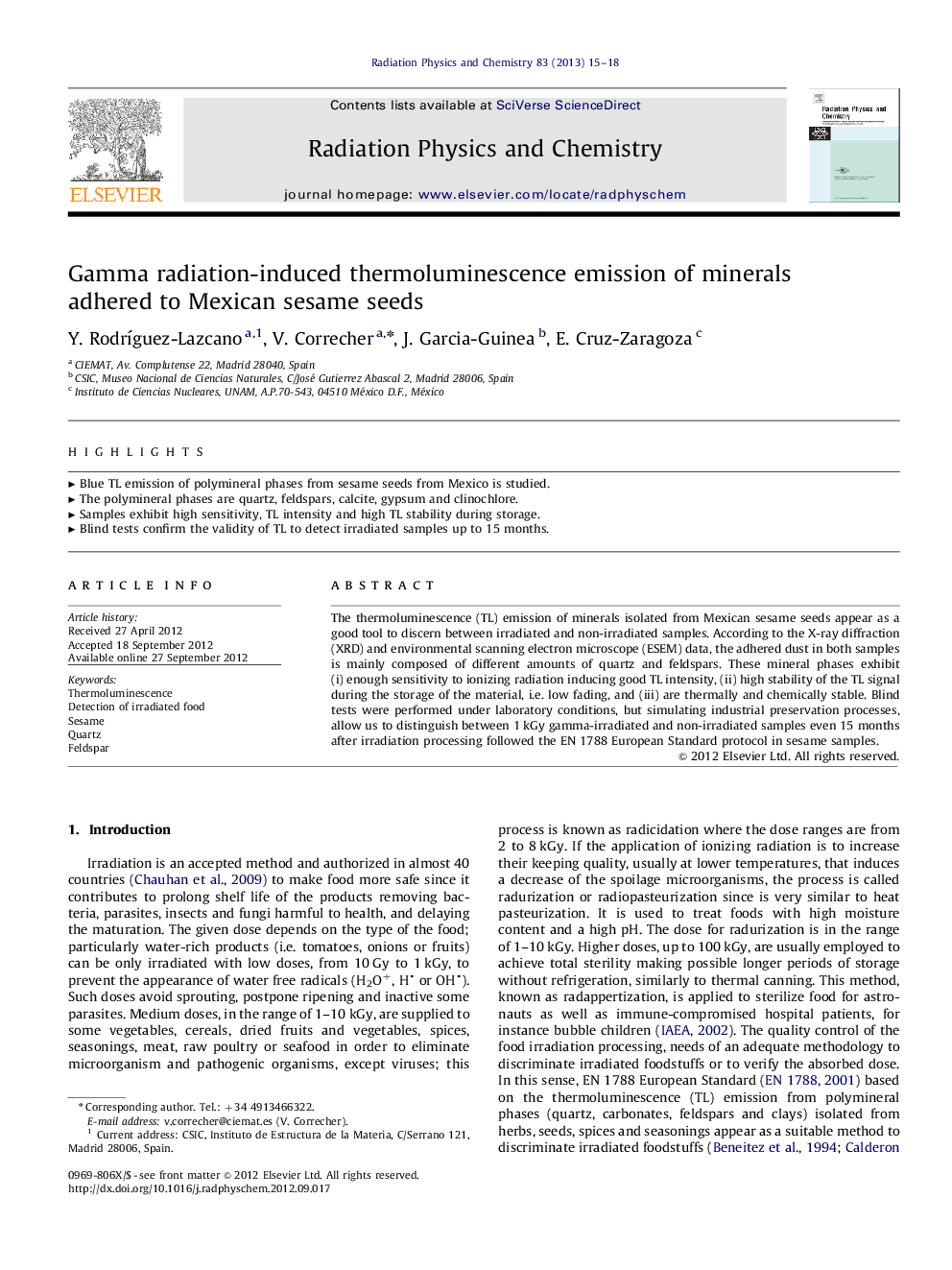 Gamma radiation-induced thermoluminescence emission of minerals adhered to Mexican sesame seeds