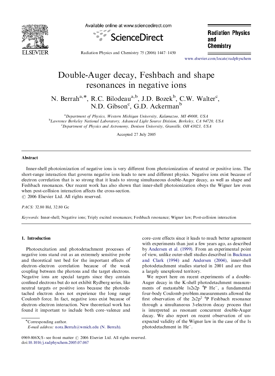 Double-Auger decay, Feshbach and shape resonances in negative ions