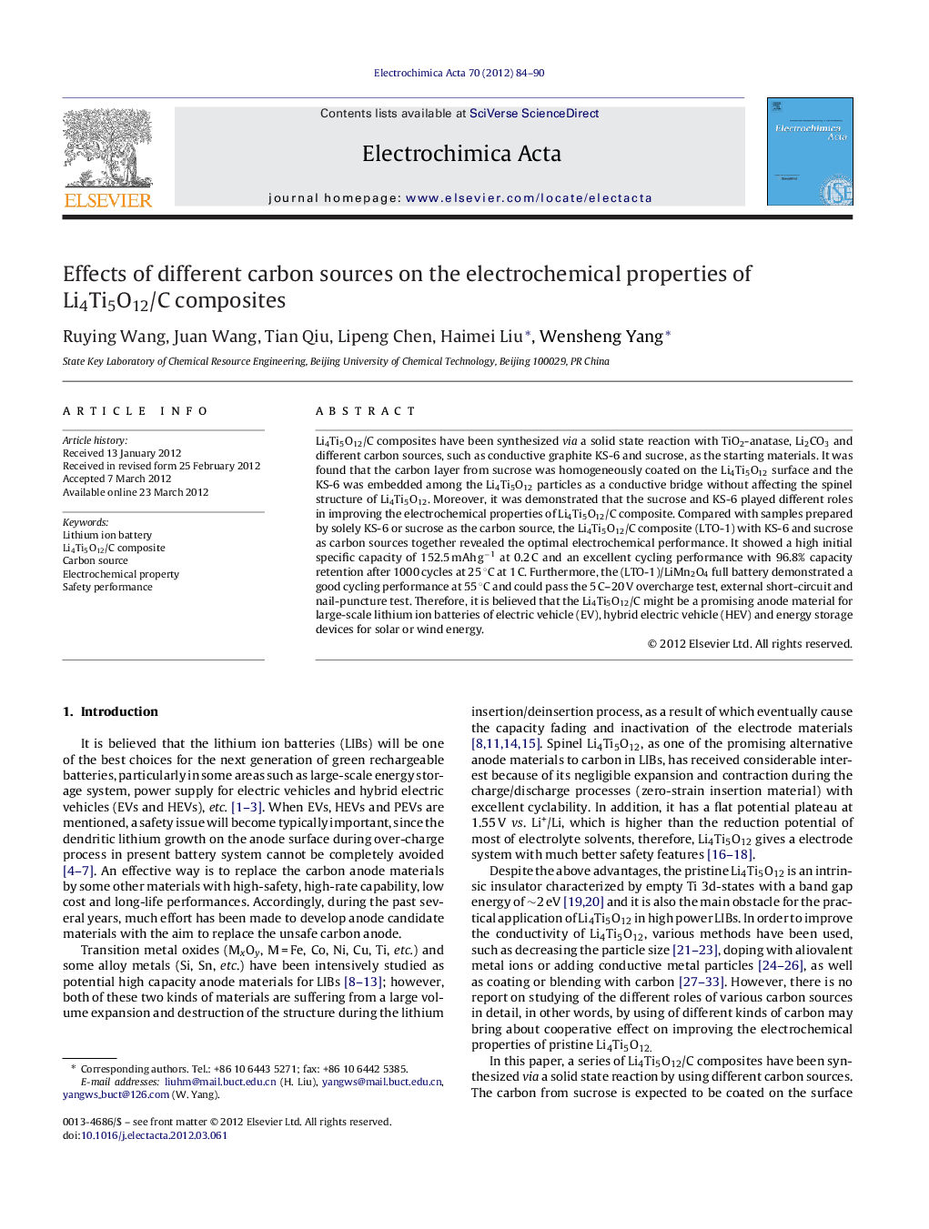 Effects of different carbon sources on the electrochemical properties of Li4Ti5O12/C composites