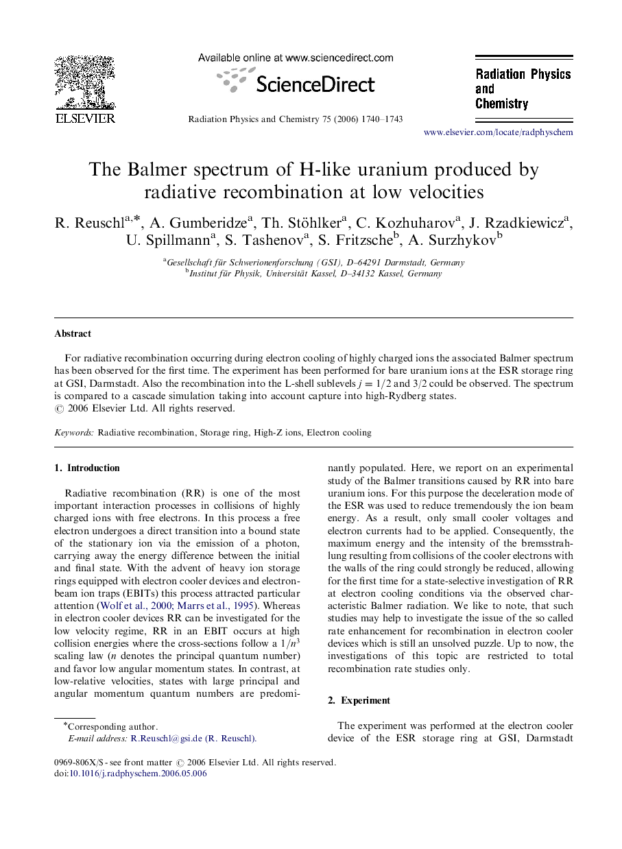 The Balmer spectrum of H-like uranium produced by radiative recombination at low velocities