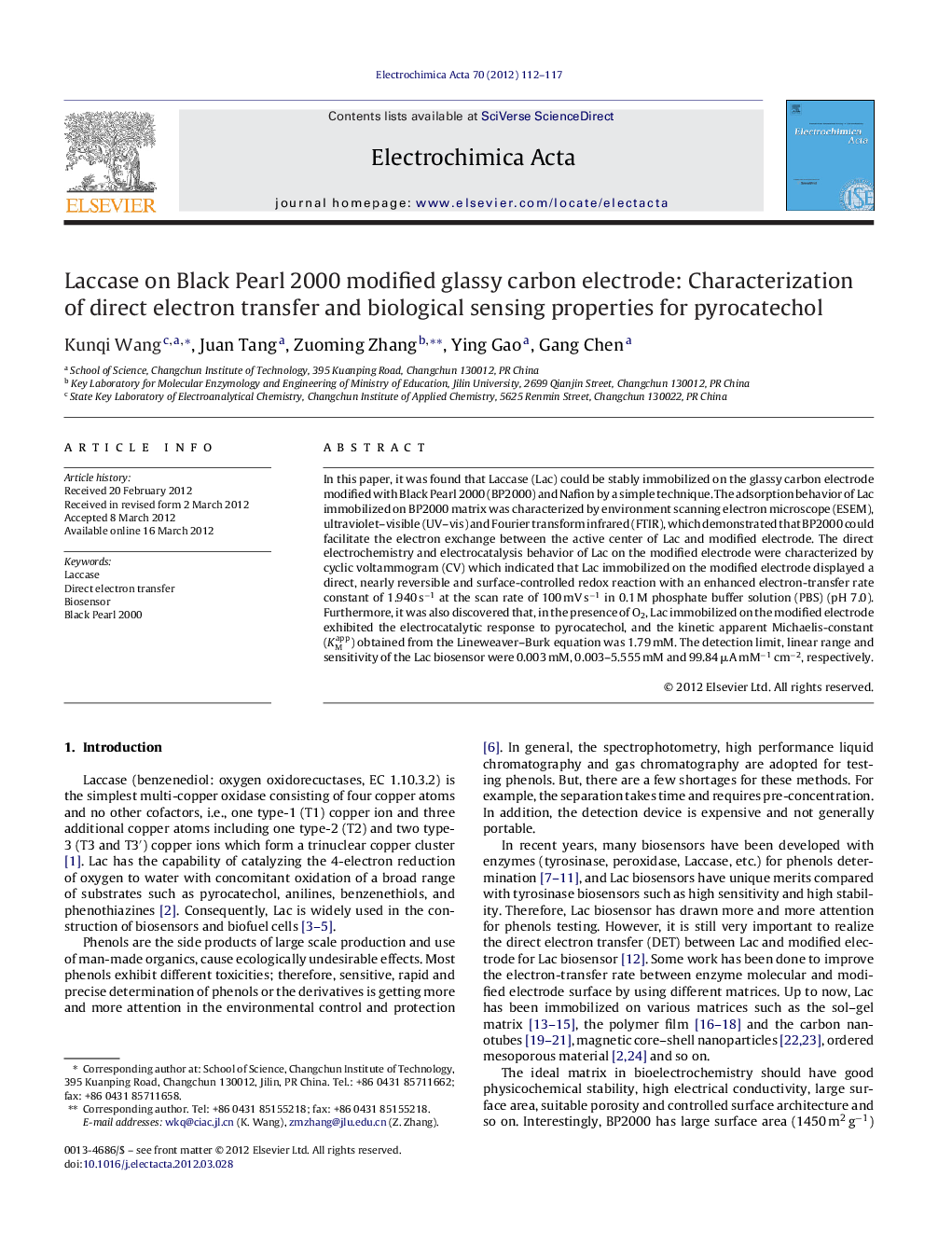 Laccase on Black Pearl 2000 modified glassy carbon electrode: Characterization of direct electron transfer and biological sensing properties for pyrocatechol