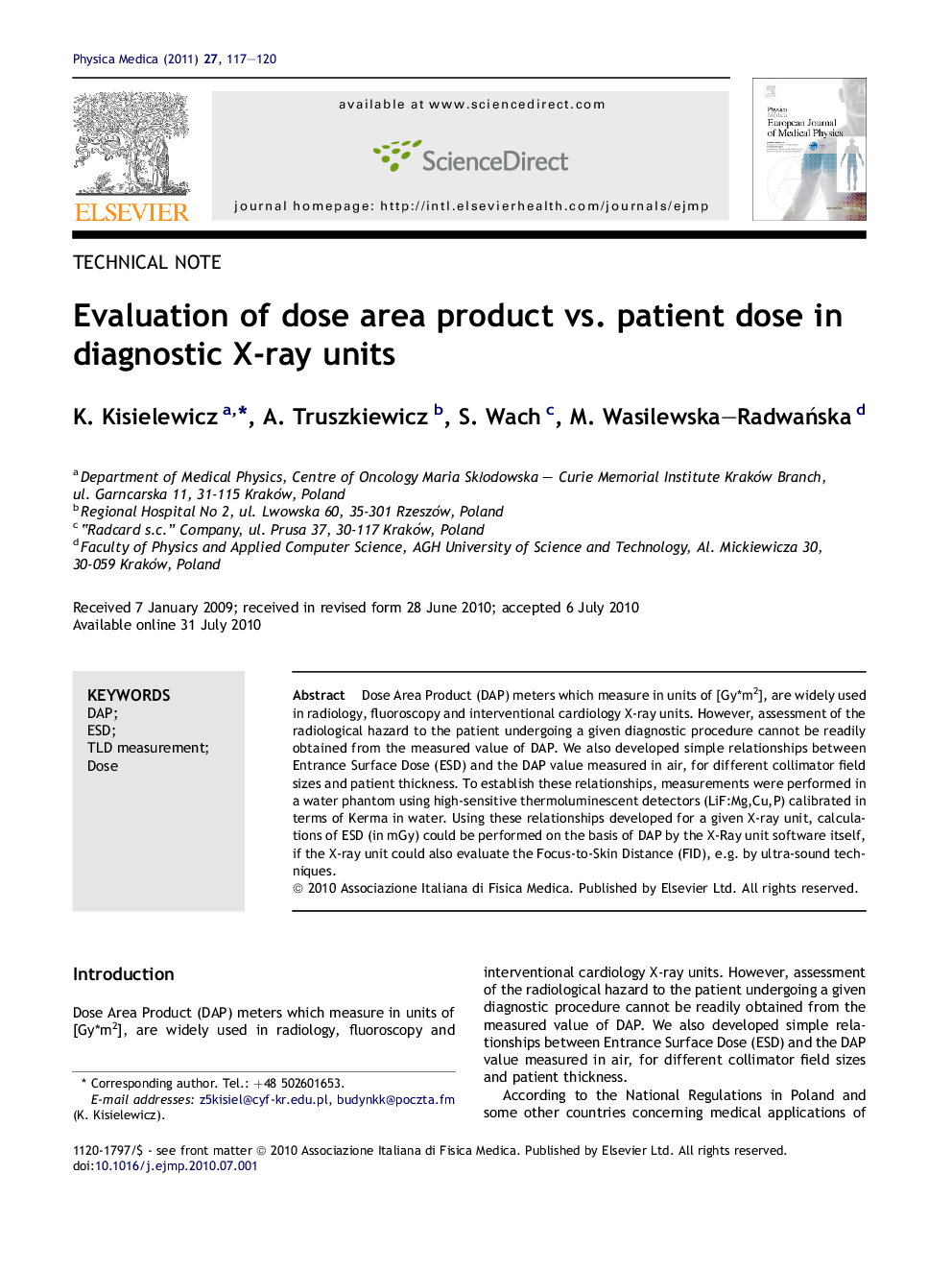 Evaluation of dose area product vs. patient dose in diagnostic X-ray units