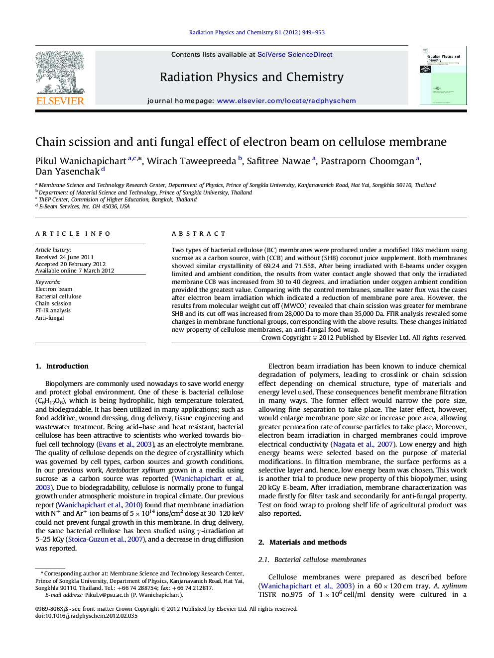 Chain scission and anti fungal effect of electron beam on cellulose membrane