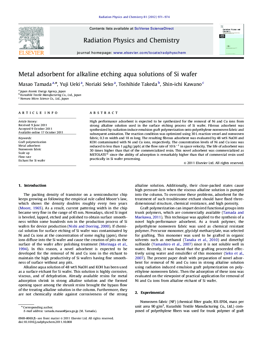 Metal adsorbent for alkaline etching aqua solutions of Si wafer