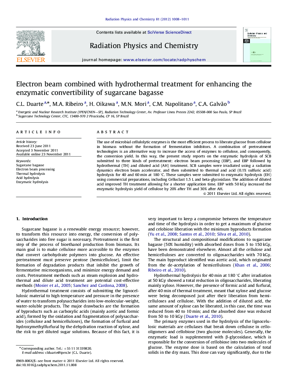 Electron beam combined with hydrothermal treatment for enhancing the enzymatic convertibility of sugarcane bagasse