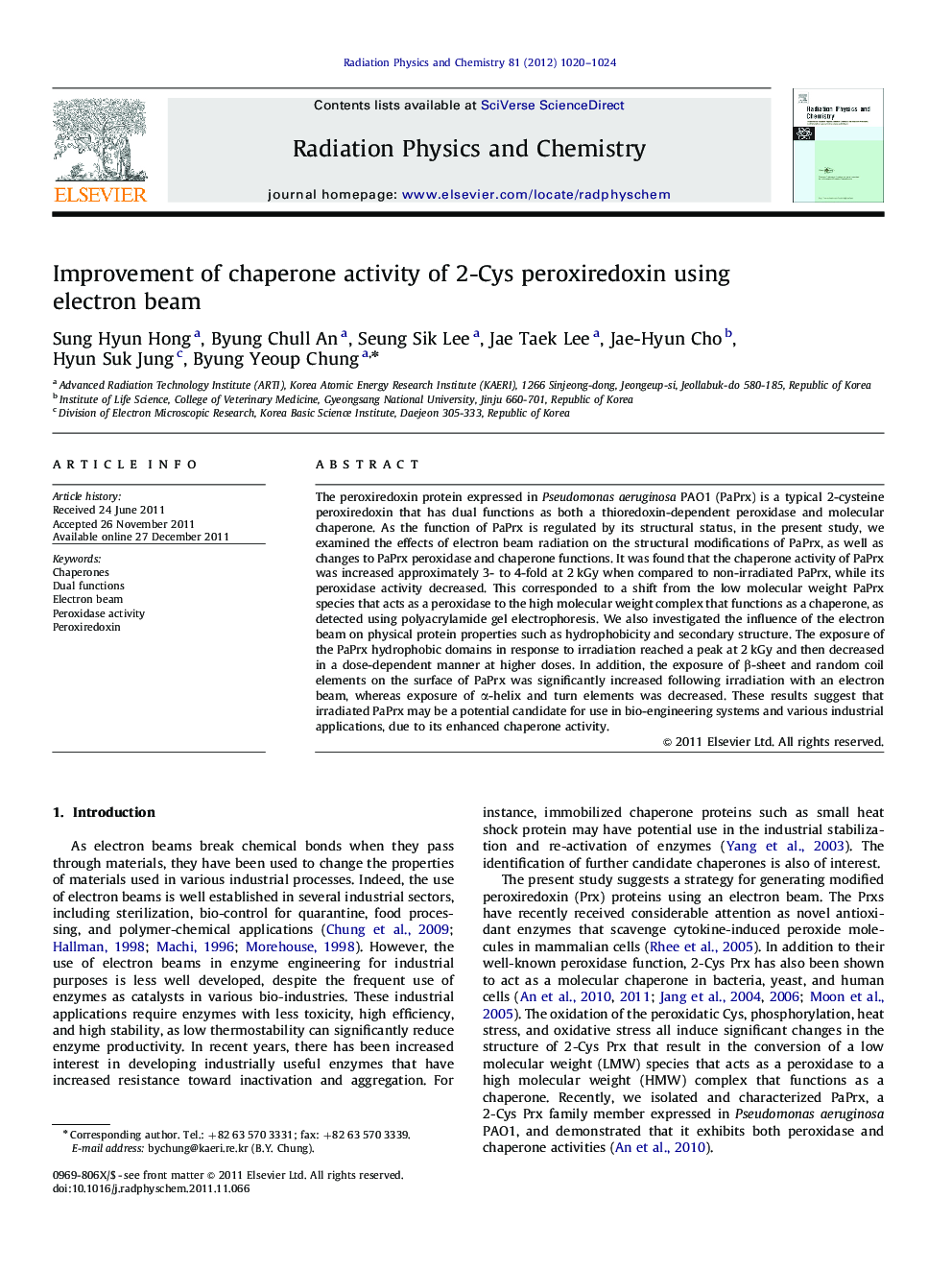 Improvement of chaperone activity of 2-Cys peroxiredoxin using electron beam