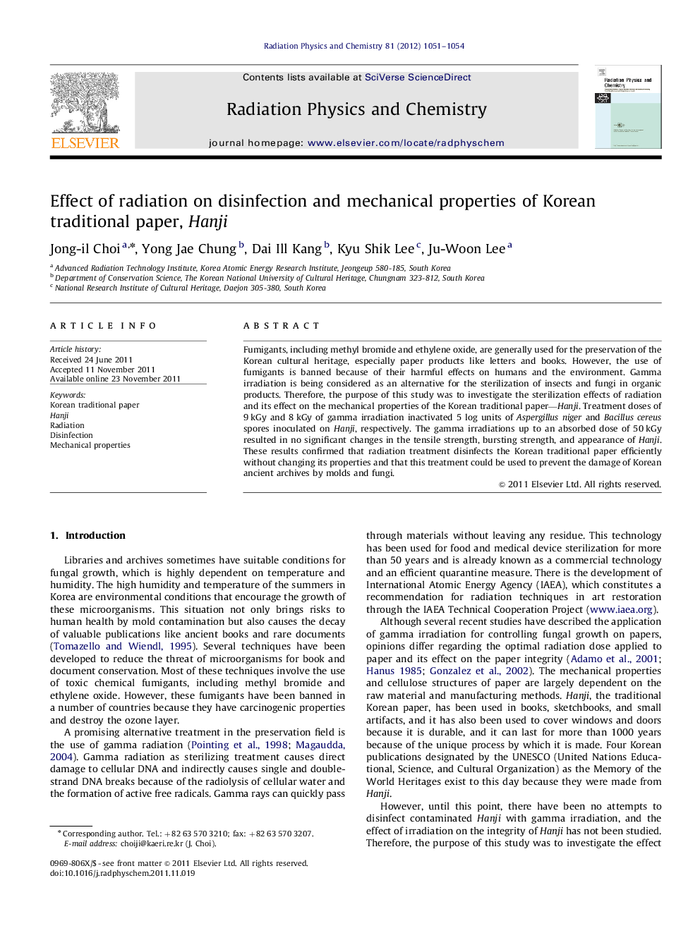 Effect of radiation on disinfection and mechanical properties of Korean traditional paper, Hanji