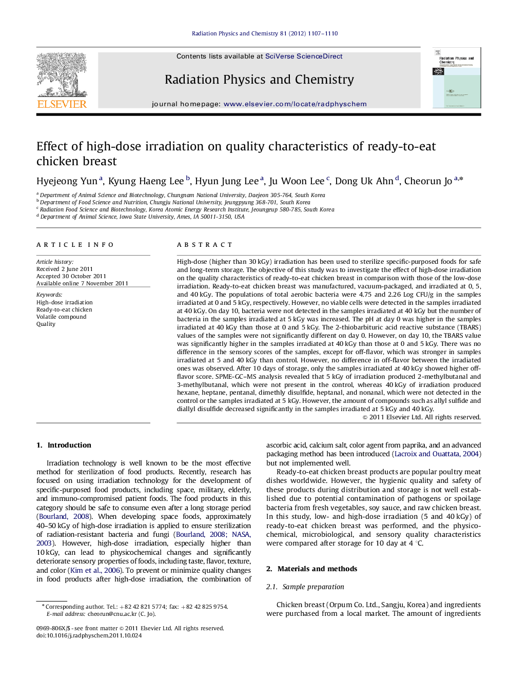 Effect of high-dose irradiation on quality characteristics of ready-to-eat chicken breast