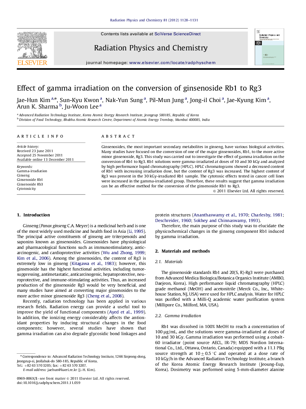 Effect of gamma irradiation on the conversion of ginsenoside Rb1 to Rg3