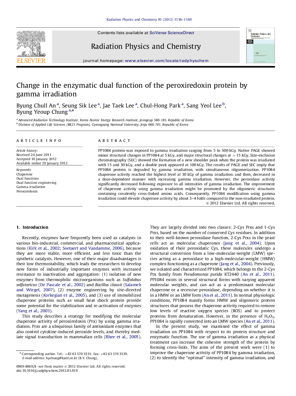 Change in the enzymatic dual function of the peroxiredoxin protein by gamma irradiation