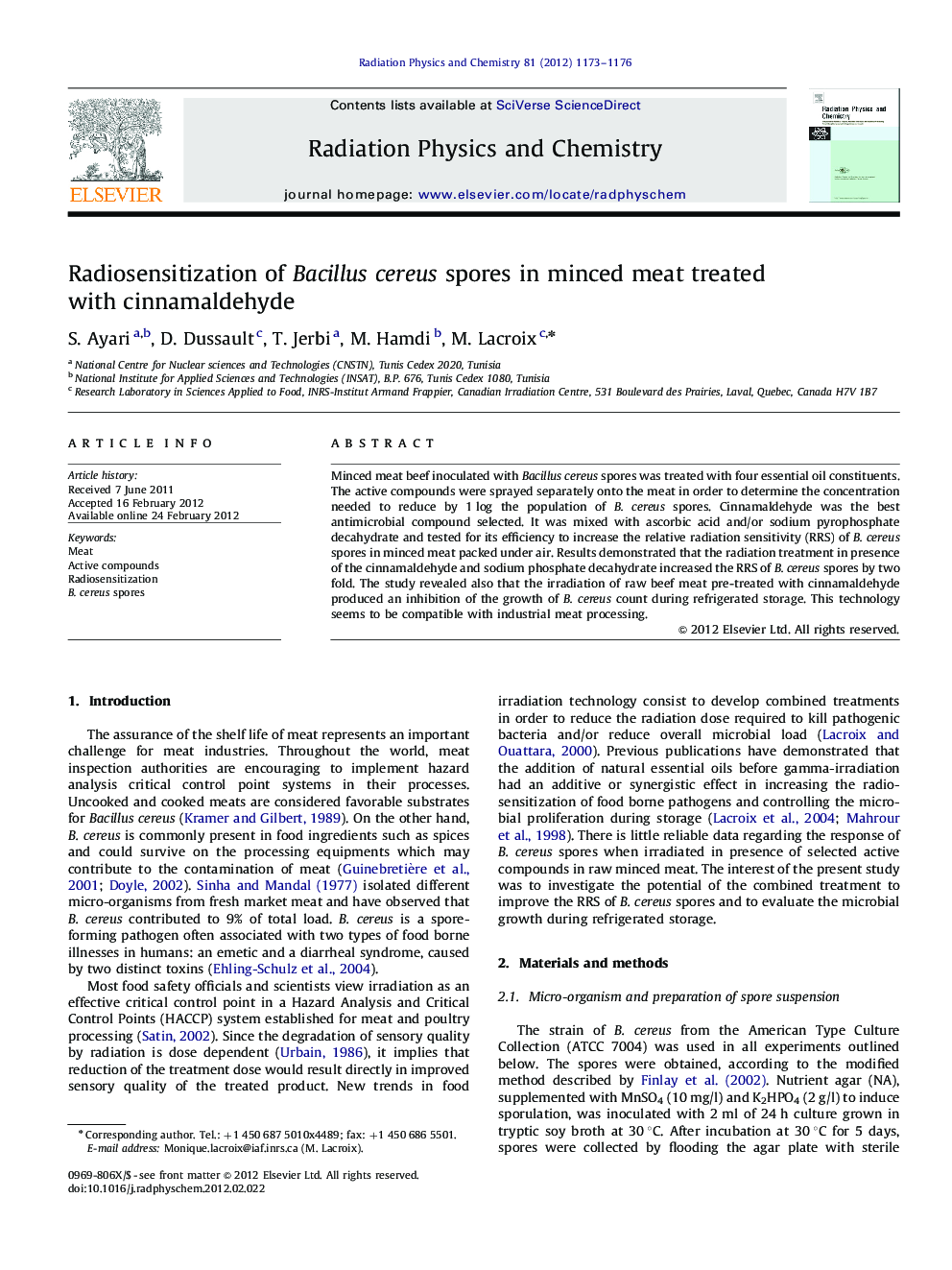 Radiosensitization of Bacillus cereus spores in minced meat treated with cinnamaldehyde