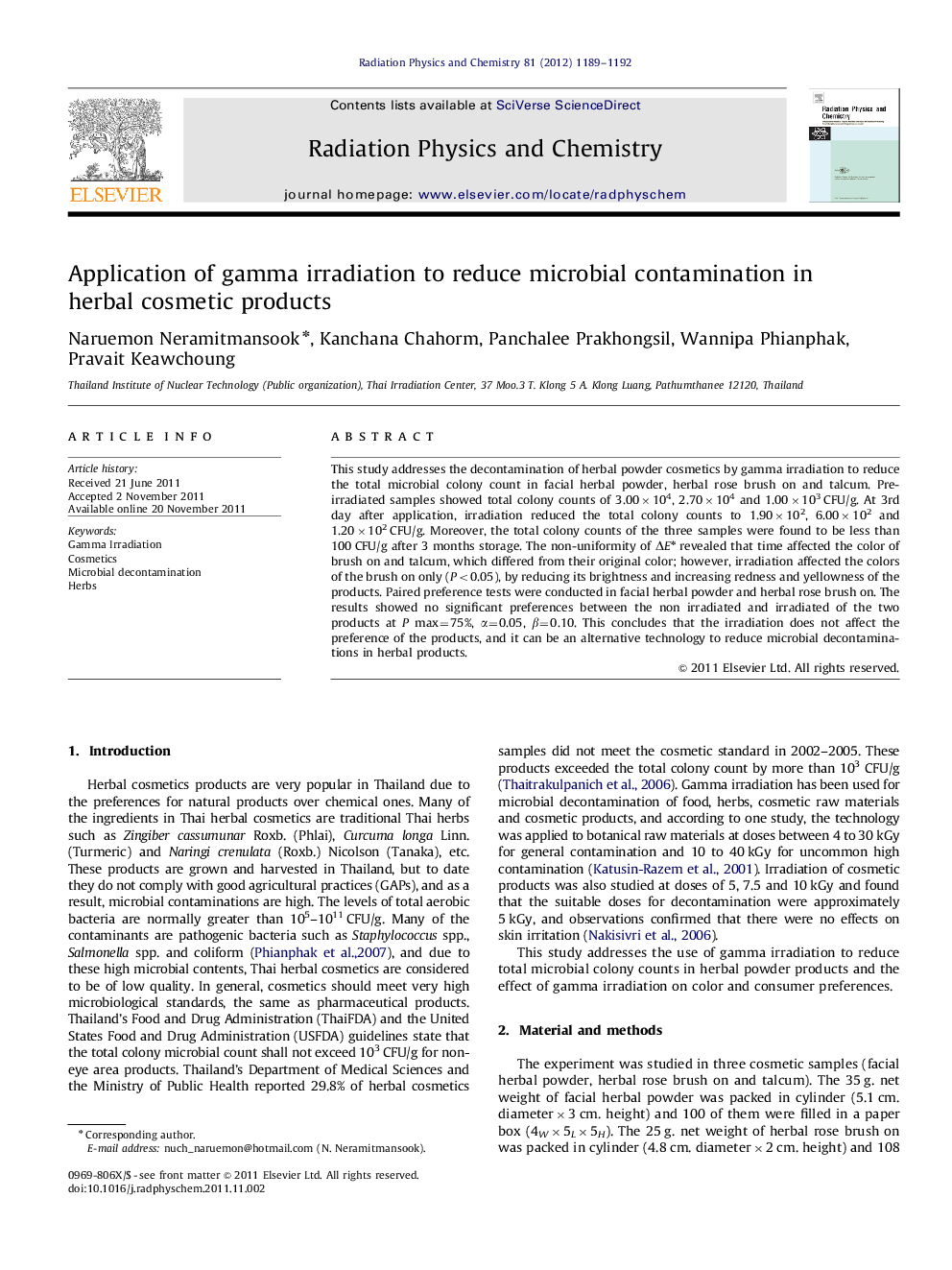 Application of gamma irradiation to reduce microbial contamination in herbal cosmetic products