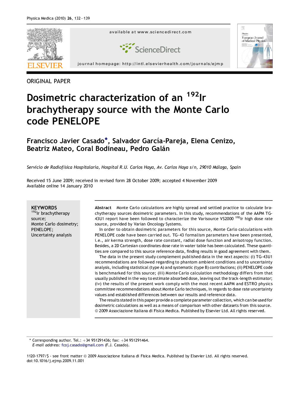 Dosimetric characterization of an 192Ir brachytherapy source with the Monte Carlo code PENELOPE