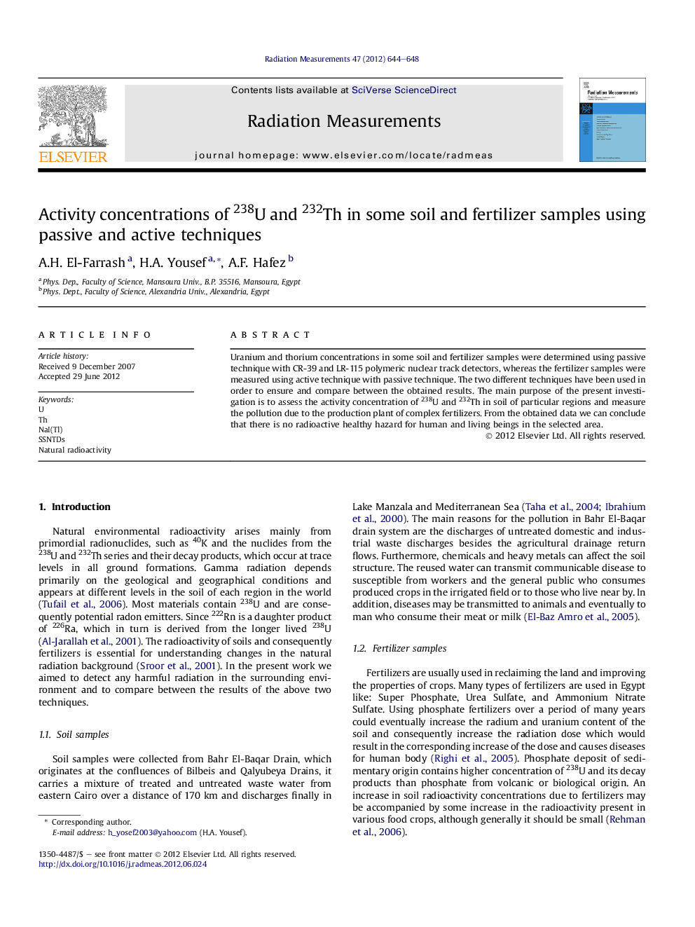 Activity concentrations of 238U and 232Th in some soil and fertilizer samples using passive and active techniques