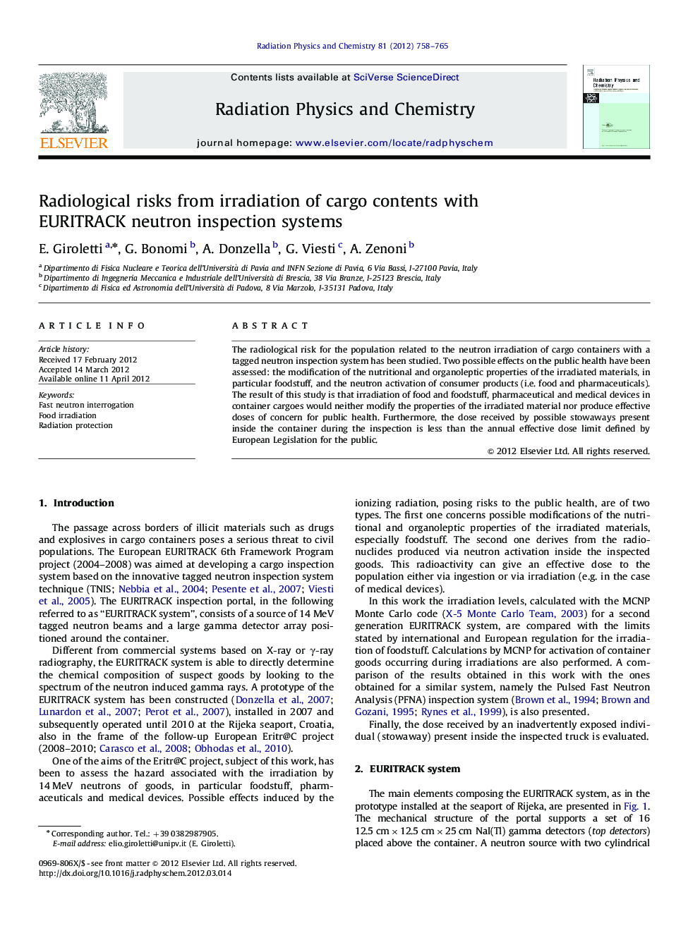 Radiological risks from irradiation of cargo contents with EURITRACK neutron inspection systems