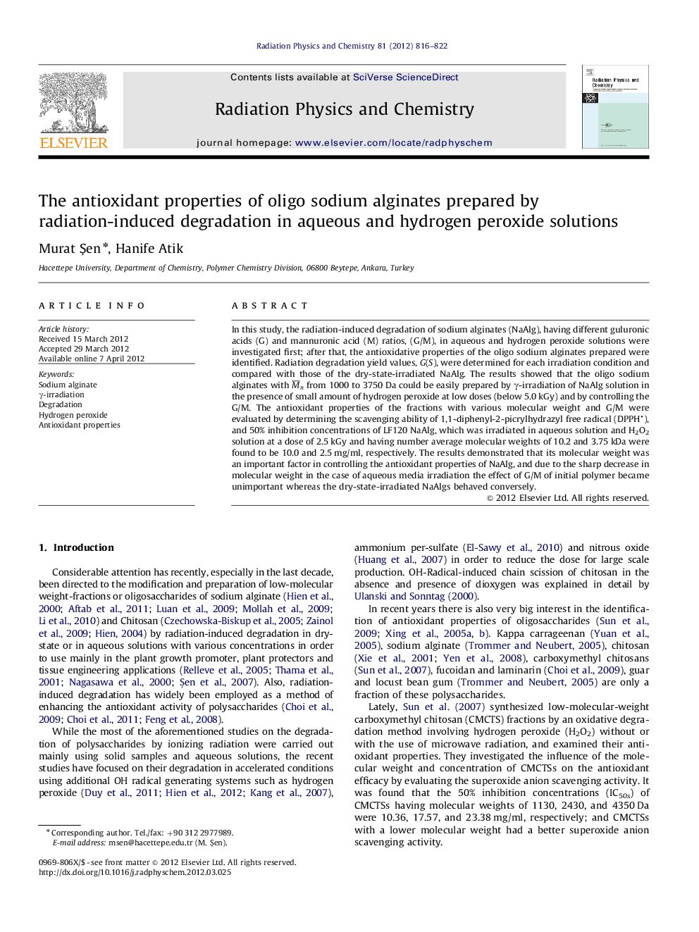 The antioxidant properties of oligo sodium alginates prepared by radiation-induced degradation in aqueous and hydrogen peroxide solutions