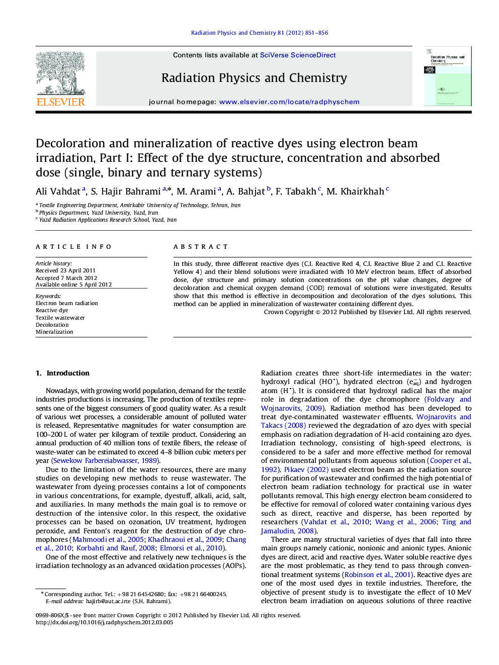 Decoloration and mineralization of reactive dyes using electron beam irradiation, Part I: Effect of the dye structure, concentration and absorbed dose (single, binary and ternary systems)