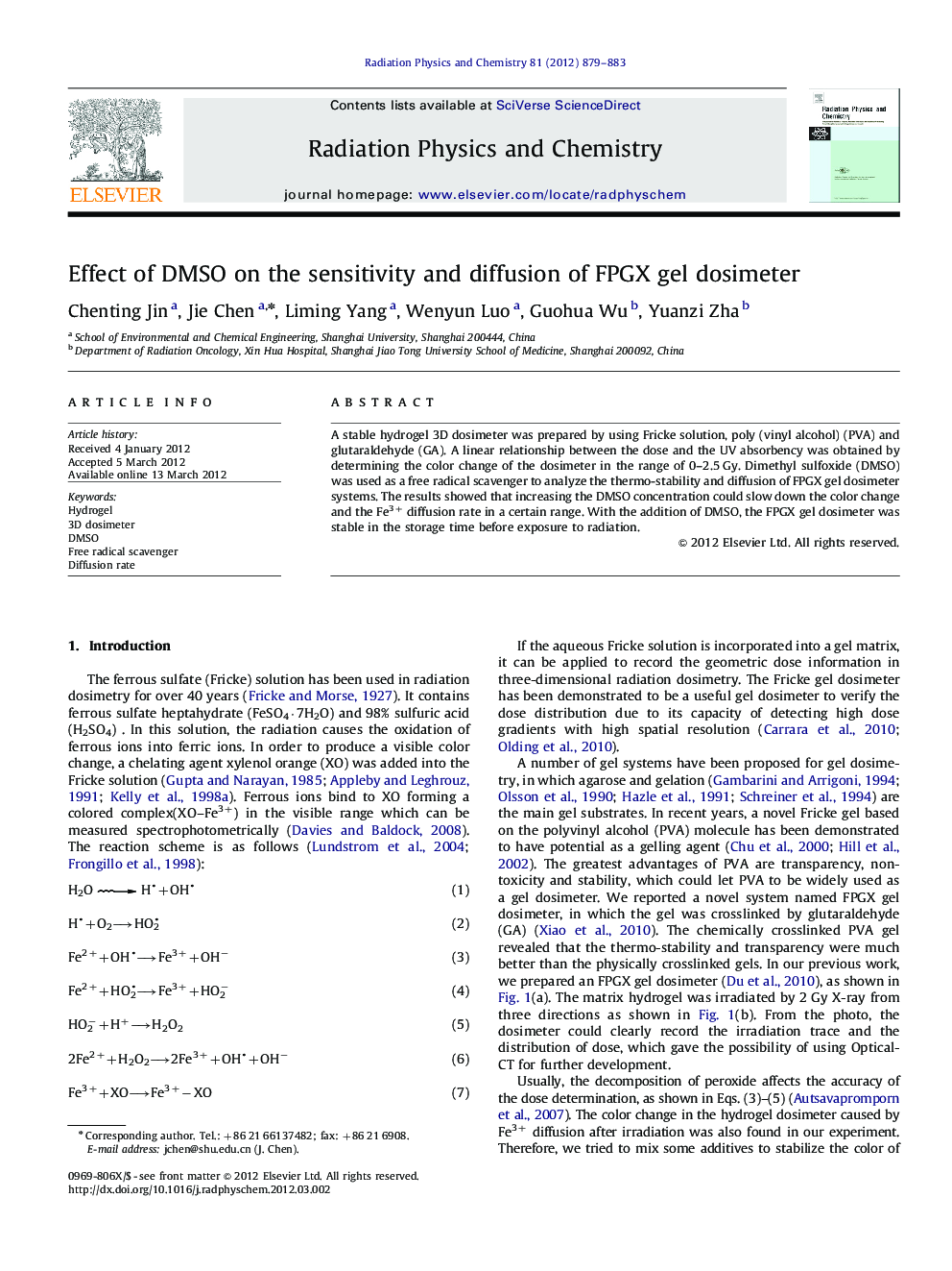 Effect of DMSO on the sensitivity and diffusion of FPGX gel dosimeter