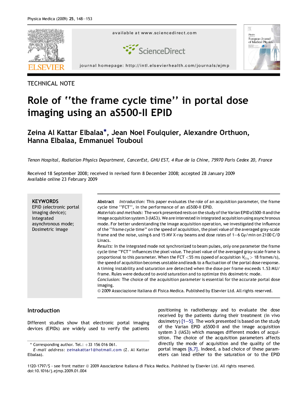 عکس صفحه اول مقاله: Role of “the frame cycle time” in portal dose imaging using an aS500-II EPID Role of “the frame cycle time” in portal dose imaging using an aS500-II EPID