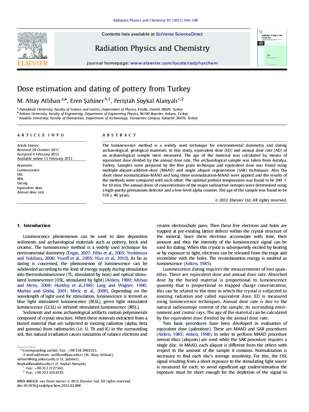 Dose estimation and dating of pottery from Turkey