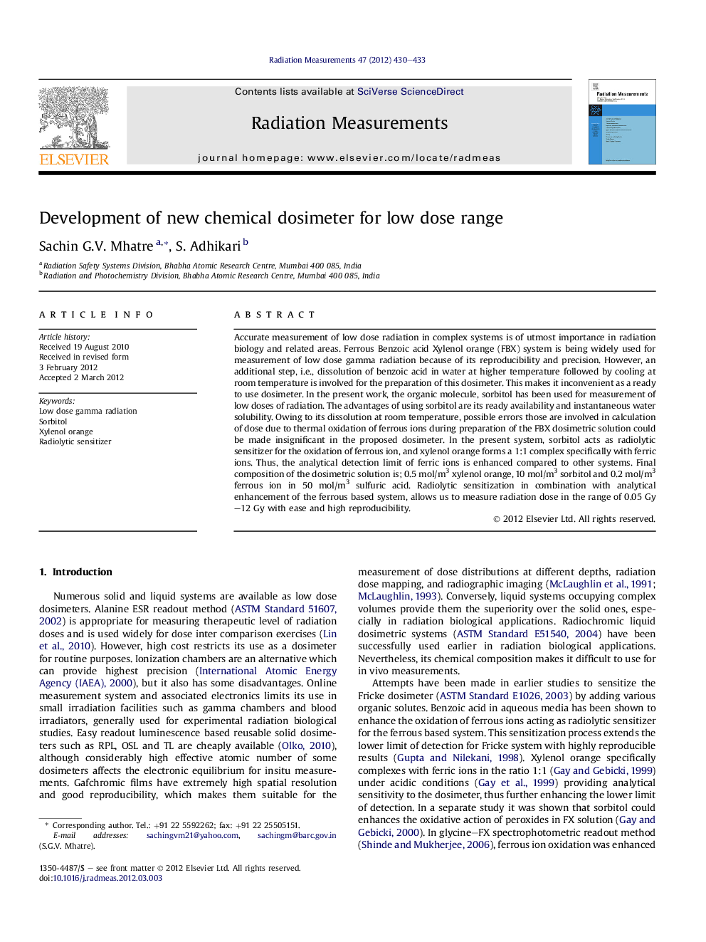 Development of new chemical dosimeter for low dose range