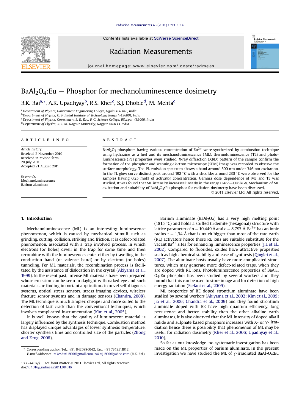 BaAl2O4:Eu – Phosphor for mechanoluminescence dosimetry