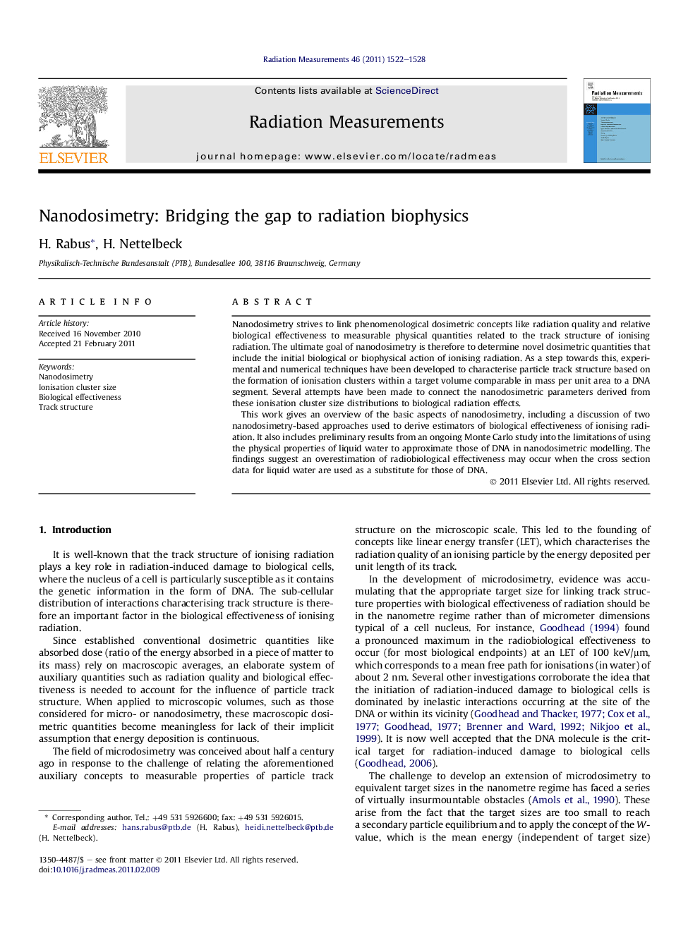 Nanodosimetry: Bridging the gap to radiation biophysics