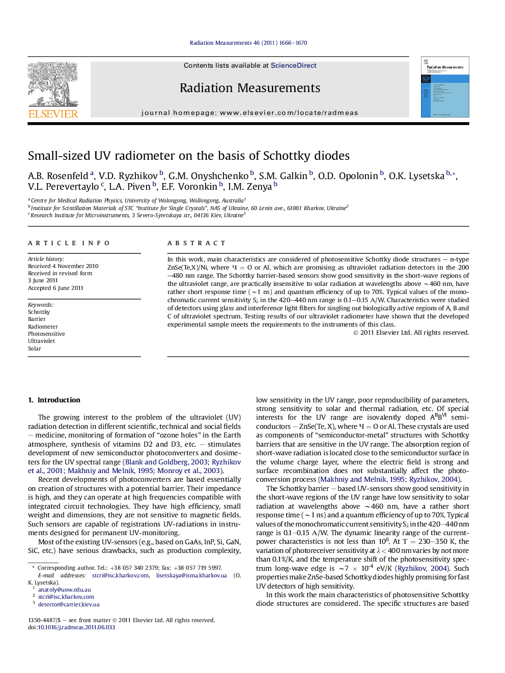 Small-sized UV radiometer on the basis of Schottky diodes