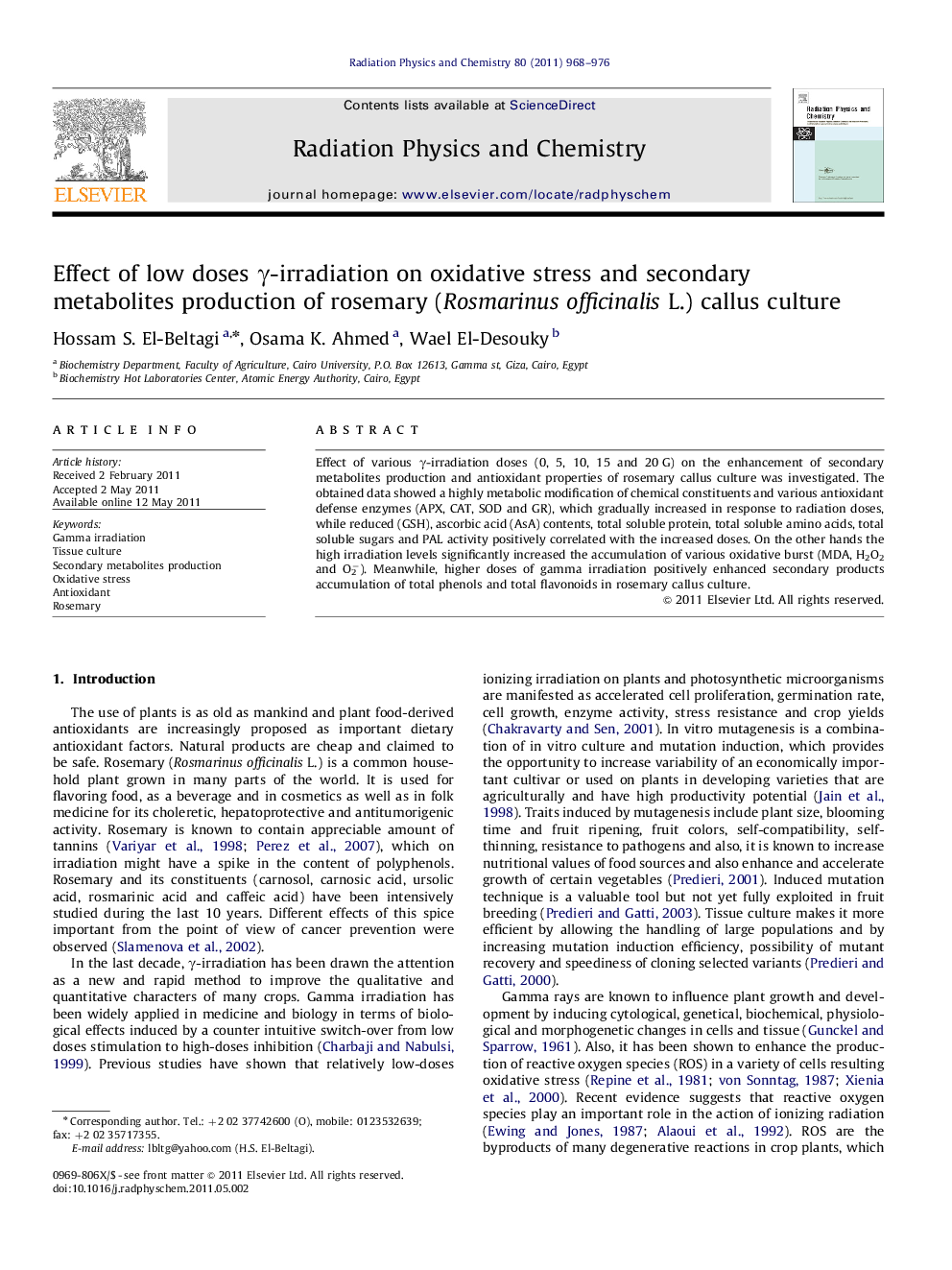 Effect of low doses γ-irradiation on oxidative stress and secondary metabolites production of rosemary (Rosmarinus officinalis L.) callus culture