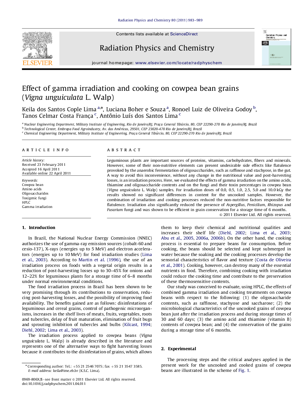 Effect of gamma irradiation and cooking on cowpea bean grains (Vigna unguiculata L. Walp)